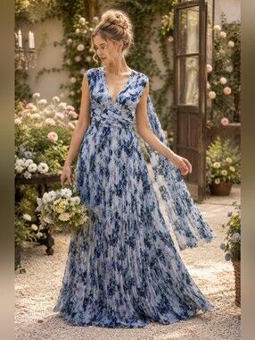 BCBGMAXAZRIA Grecian Goddess Open Back Floral Pleated Ethereal Chiffon Gown 10